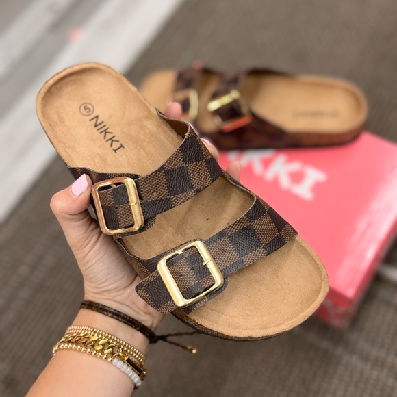 Brown Checkered Buckle Sandals - Picture 2 of 4